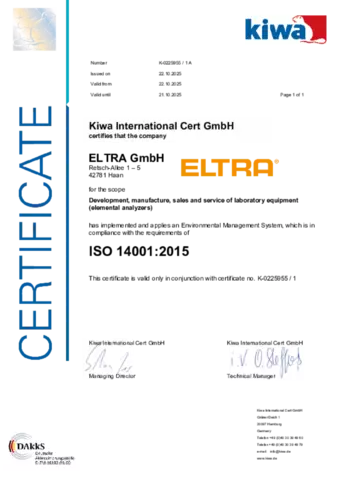 ELTRA DIN EN ISO 14001:2015 Certificate