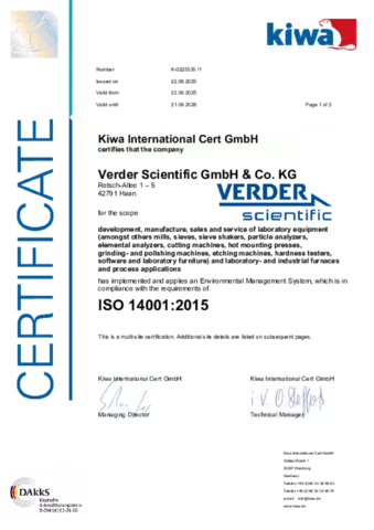 Verder Scientific DIN EN ISO 14001:2015 Certificate